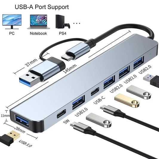 7 Ports USB 3.0 Type C Hub 7-in-1 Concentrator Docking Station U Disk Card Reader PD Fast Charge For MacBook Laptop PC Computer