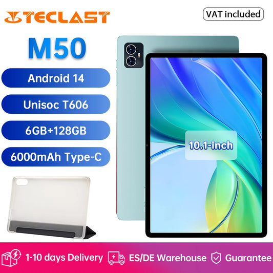 Teclast M50 Tablet 6GB RAM 128GB ROM Unisoc T606 Octa-core 10.1inch TDDI Android 14 WiFi BT5.0 6000mAh Type-C Tablet Case
